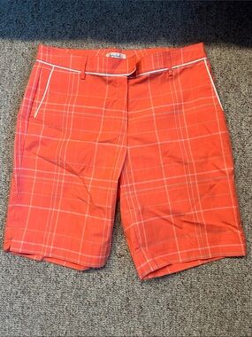 Lady Hagen Coral-Orange Plaid Flat-Front Shorts